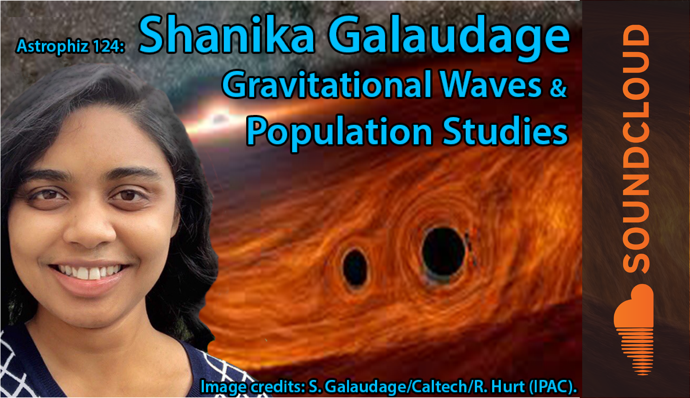 Graphic with image of Shanika on the left in the foreground and an image of merging black holes in the background.