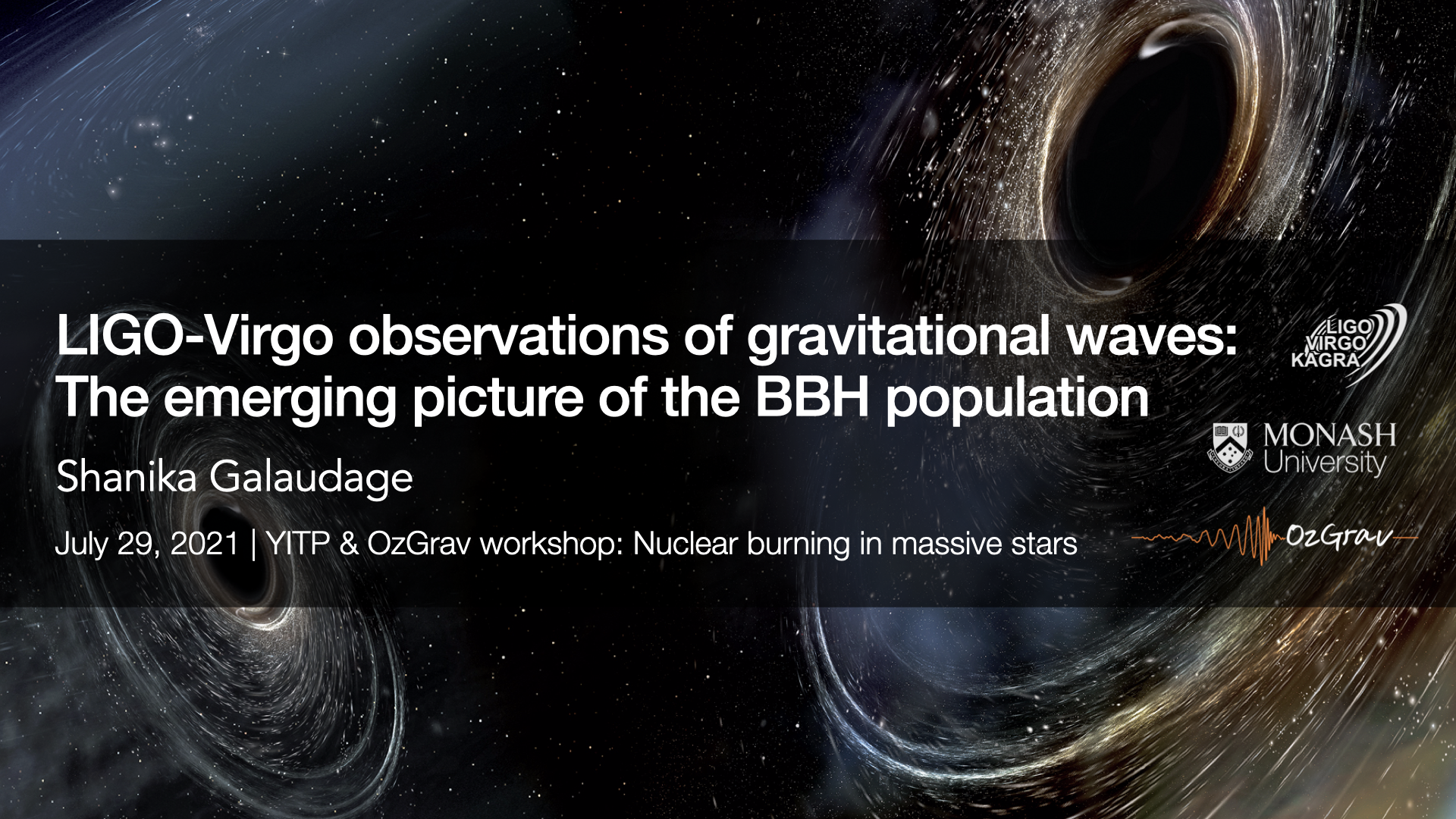 Title slide of a presentation that has the presentation title and an image of a merging pair of black holes in the background.