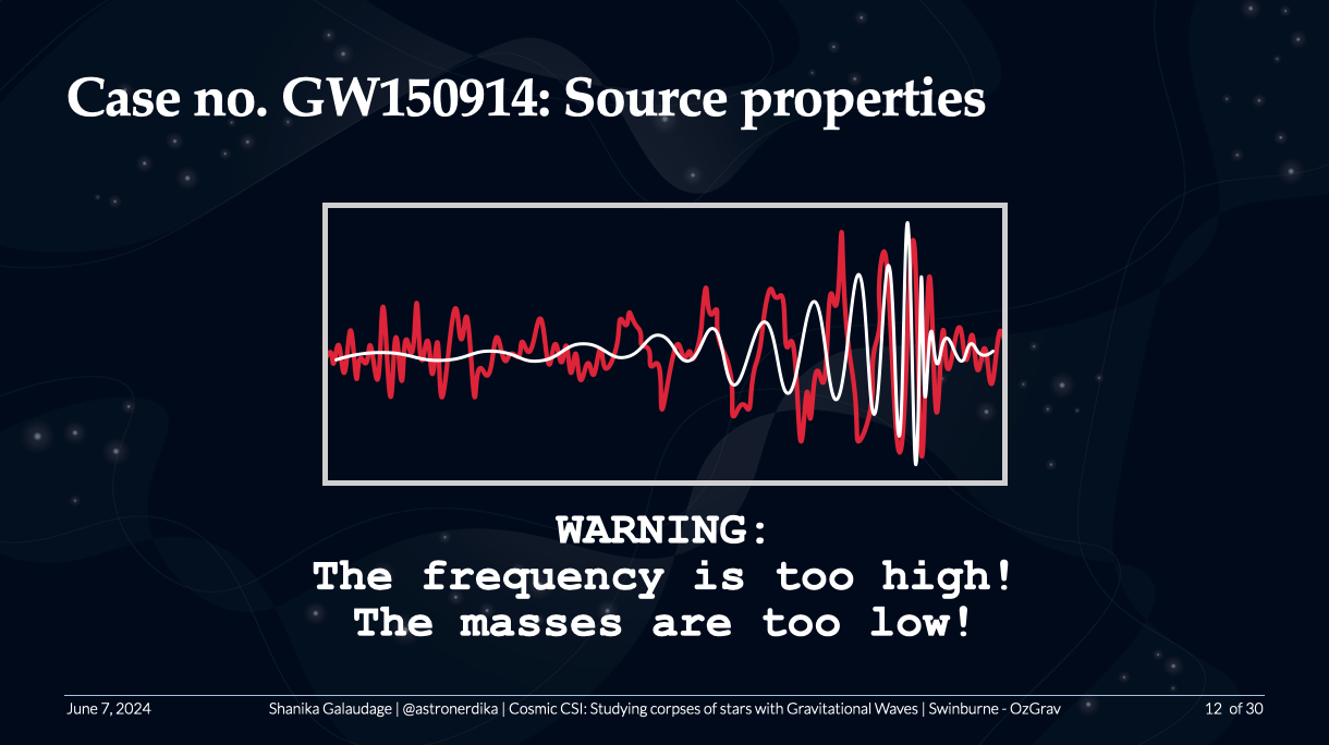 Image of a presentation slide that shows an illsustration of a gravitational wave signal and template waveform overlotted showing that they do not match!